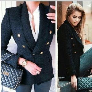 Zara Black Tweed Blazer with gold buttons Large